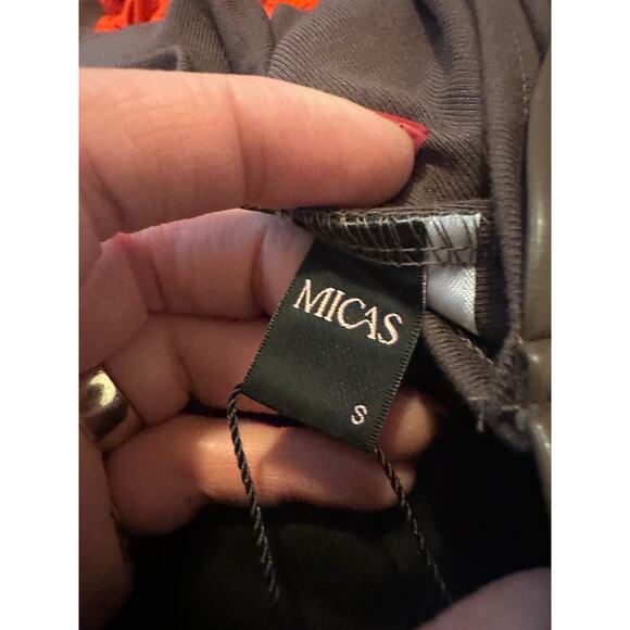 Micas Womens Small Faux Leather Patchwork Tie Front Round Neck Ruched Mini Dress - Picture 3 of 7